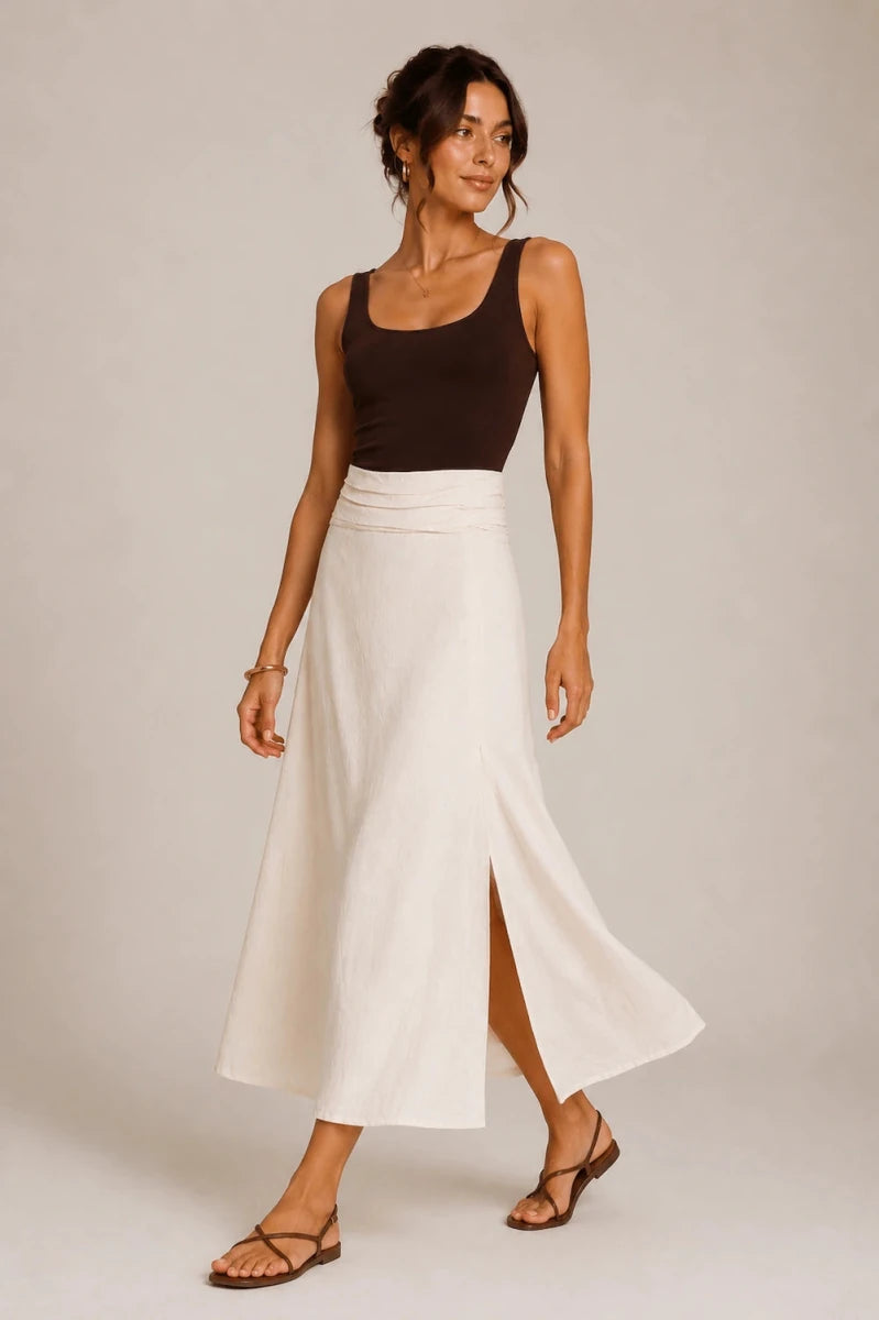 White Draped Waist Midi Skirt - ELLY