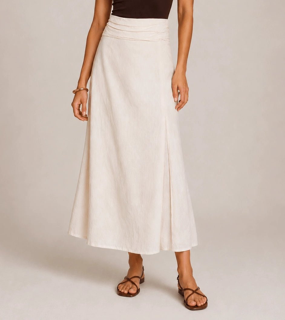 White Draped Waist Midi Skirt - ELLY