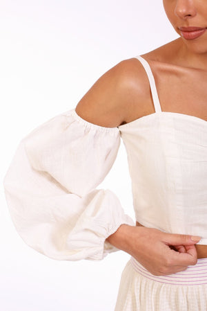 White Stonewashed Linen Balloon Sleeve Top - ELLY