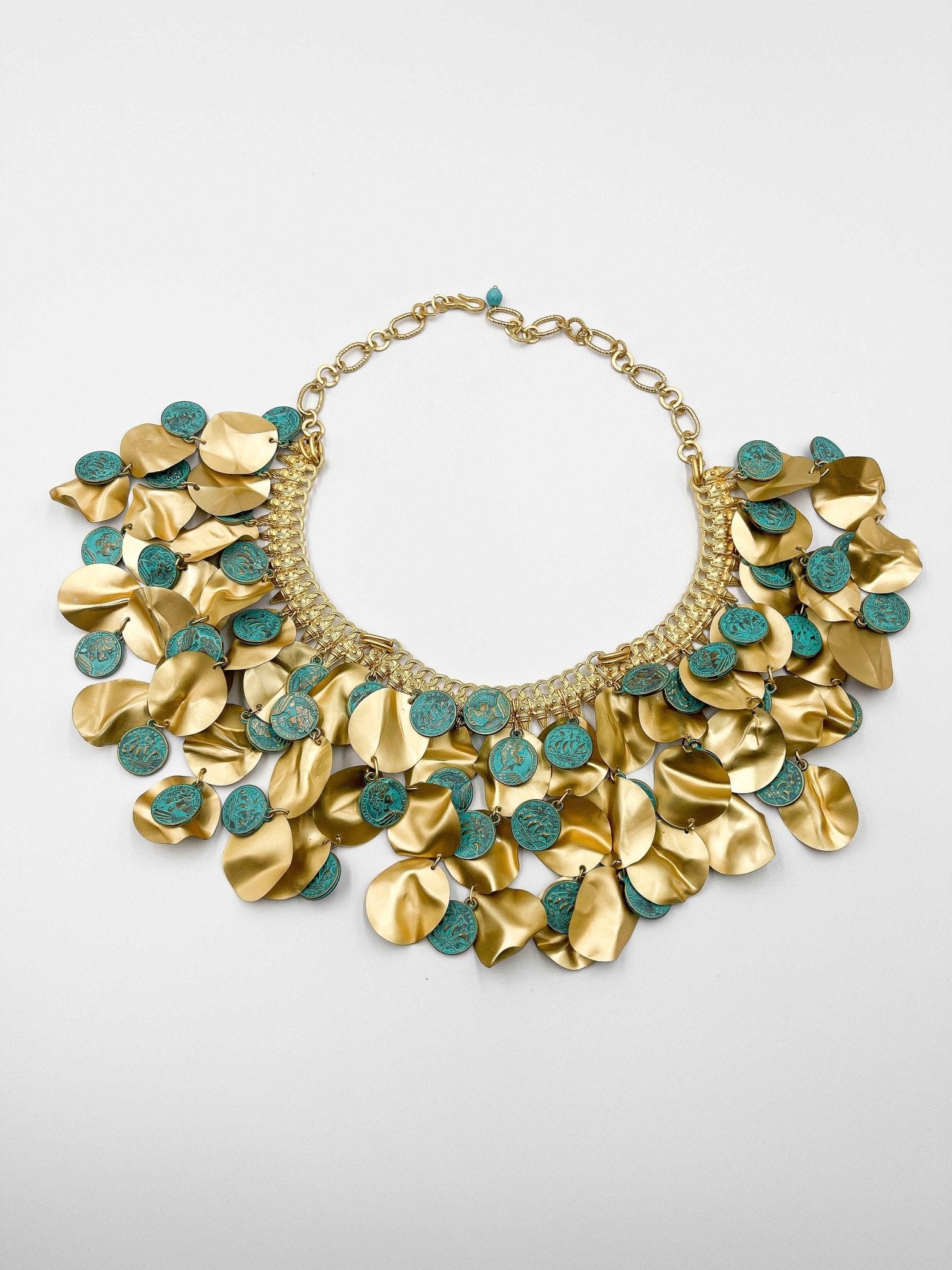 18 karat gold plated brass necklace, adorned with gold leaf and turquoise colored antiqued coins - ELLY