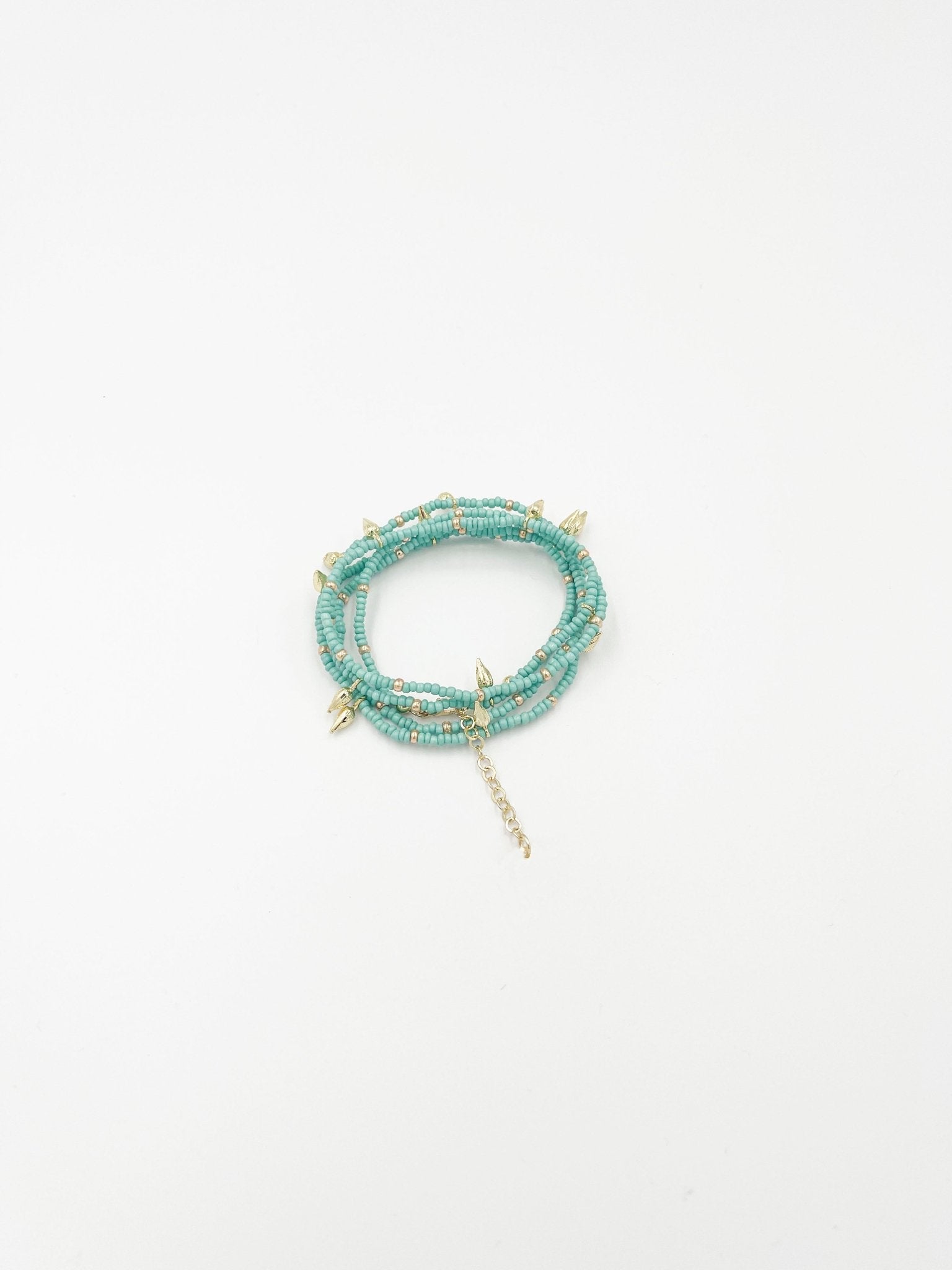 Beads necklace featuring 18 karat gold plated ornaments that can be styled as a bracelet or belt. - ELLY