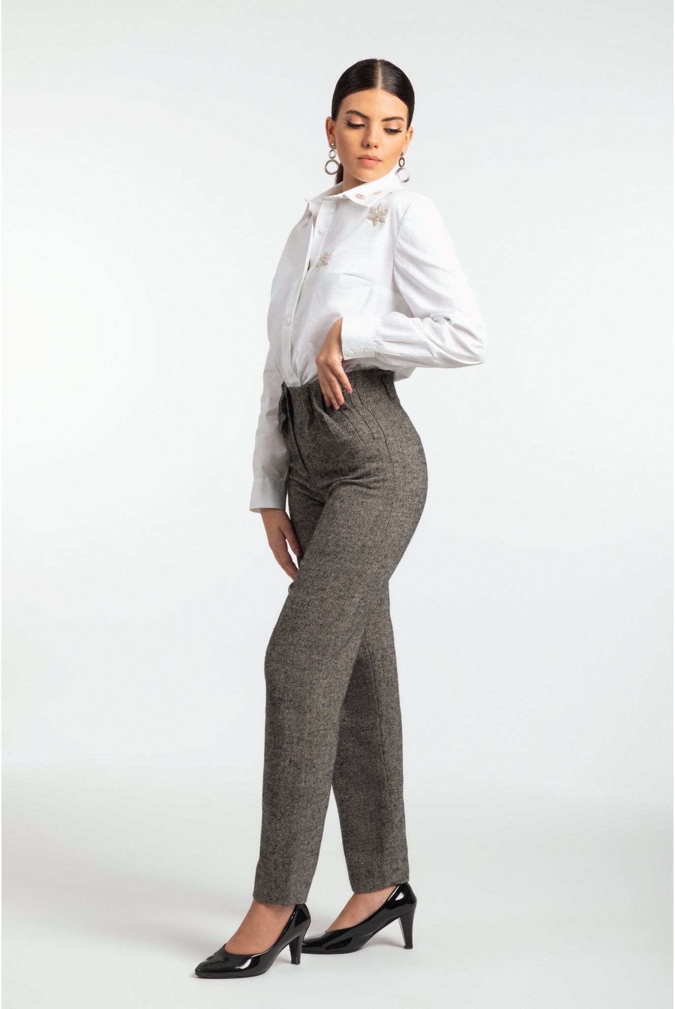 Black and White Herringbone Woven Trousers - ELLY