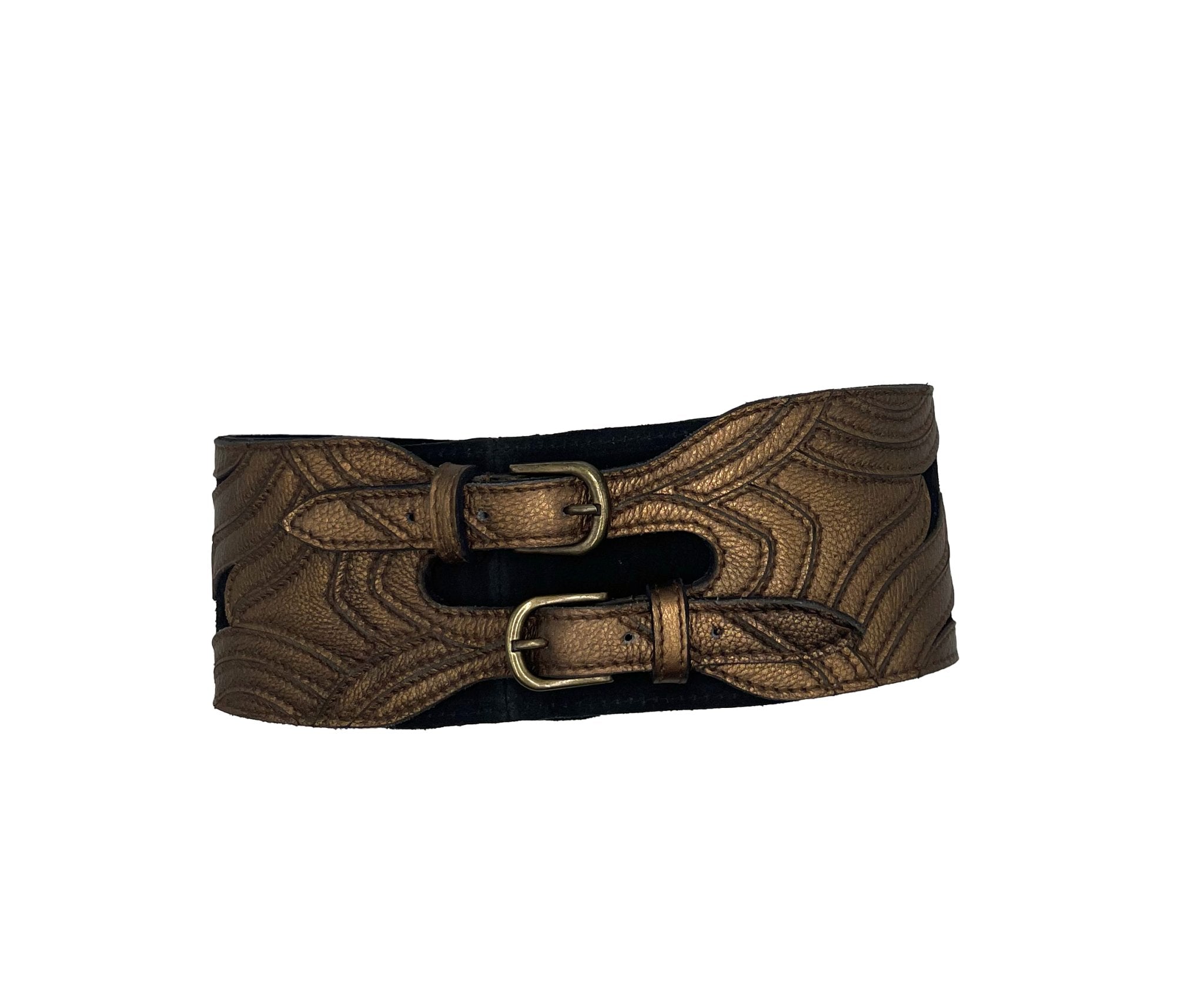 Handmade Black Leather Belt - Geometric Gold Embroidery - ELLY