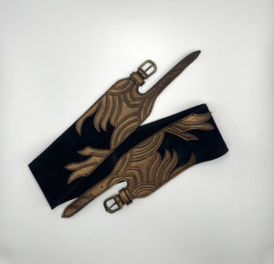 Handmade Black Leather Belt - Geometric Gold Embroidery - ELLY