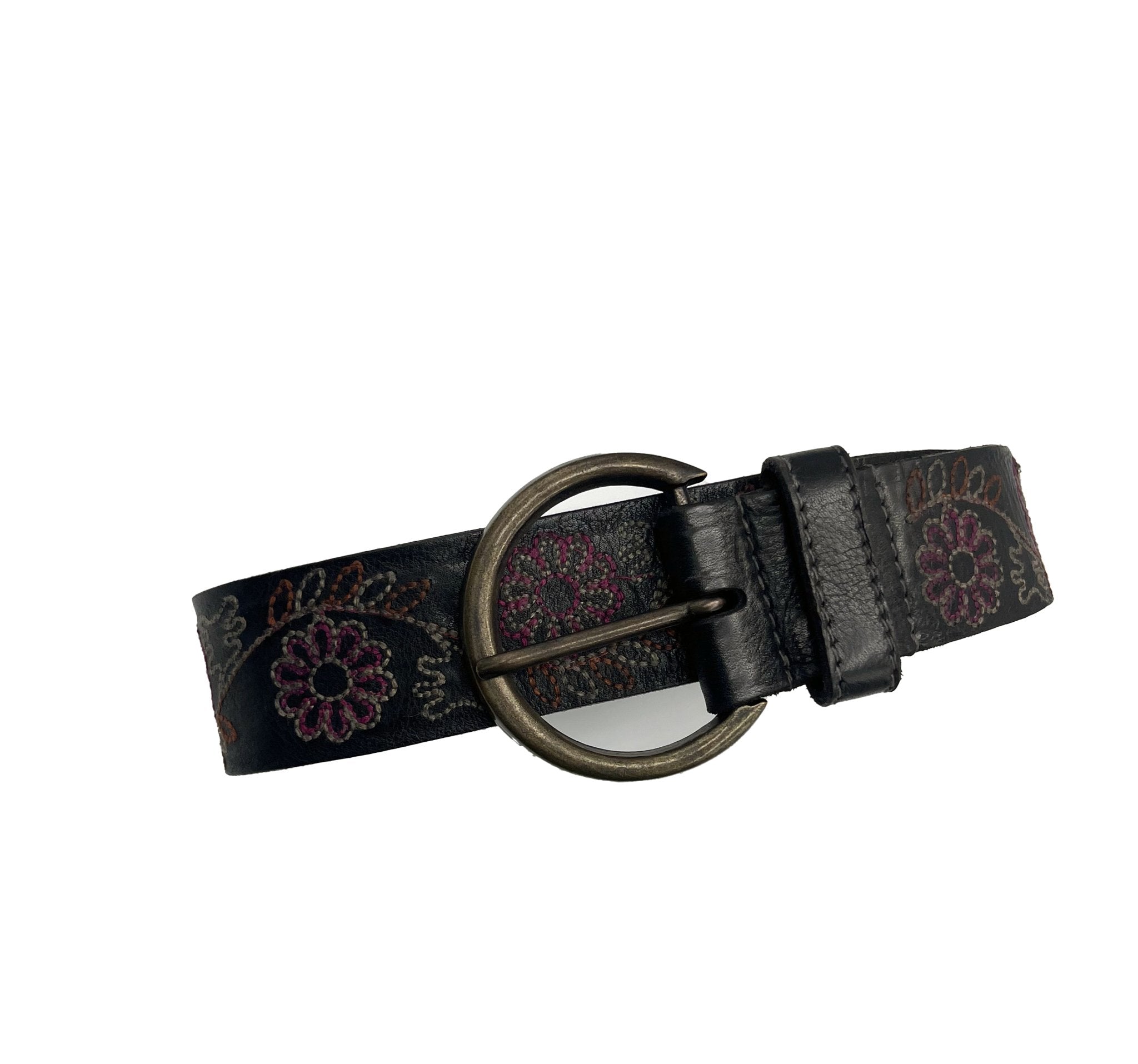 Handmade Leather Belt - Floral Black with White Stitching - ELLY