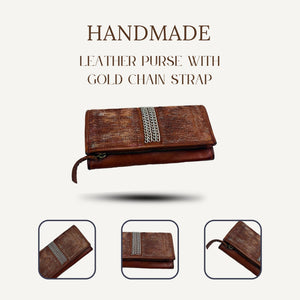 Handmade Tan Brown Leather Purse with Gold Chain Strap - ELLY