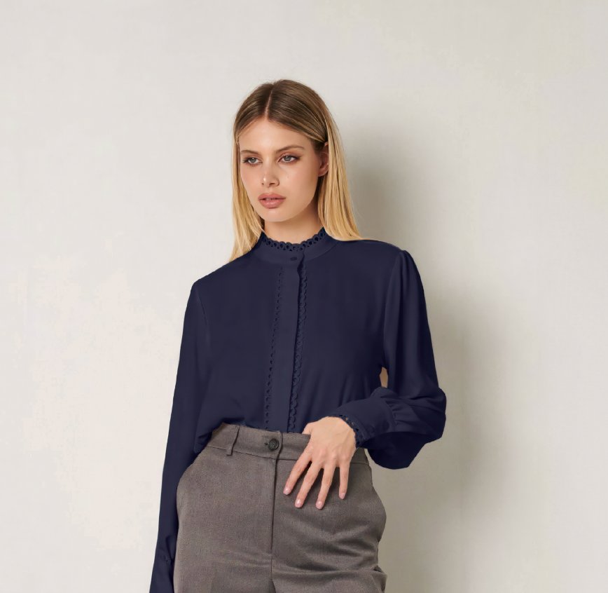 Navy Blue Scalloped Trims women Shirt - ELLY