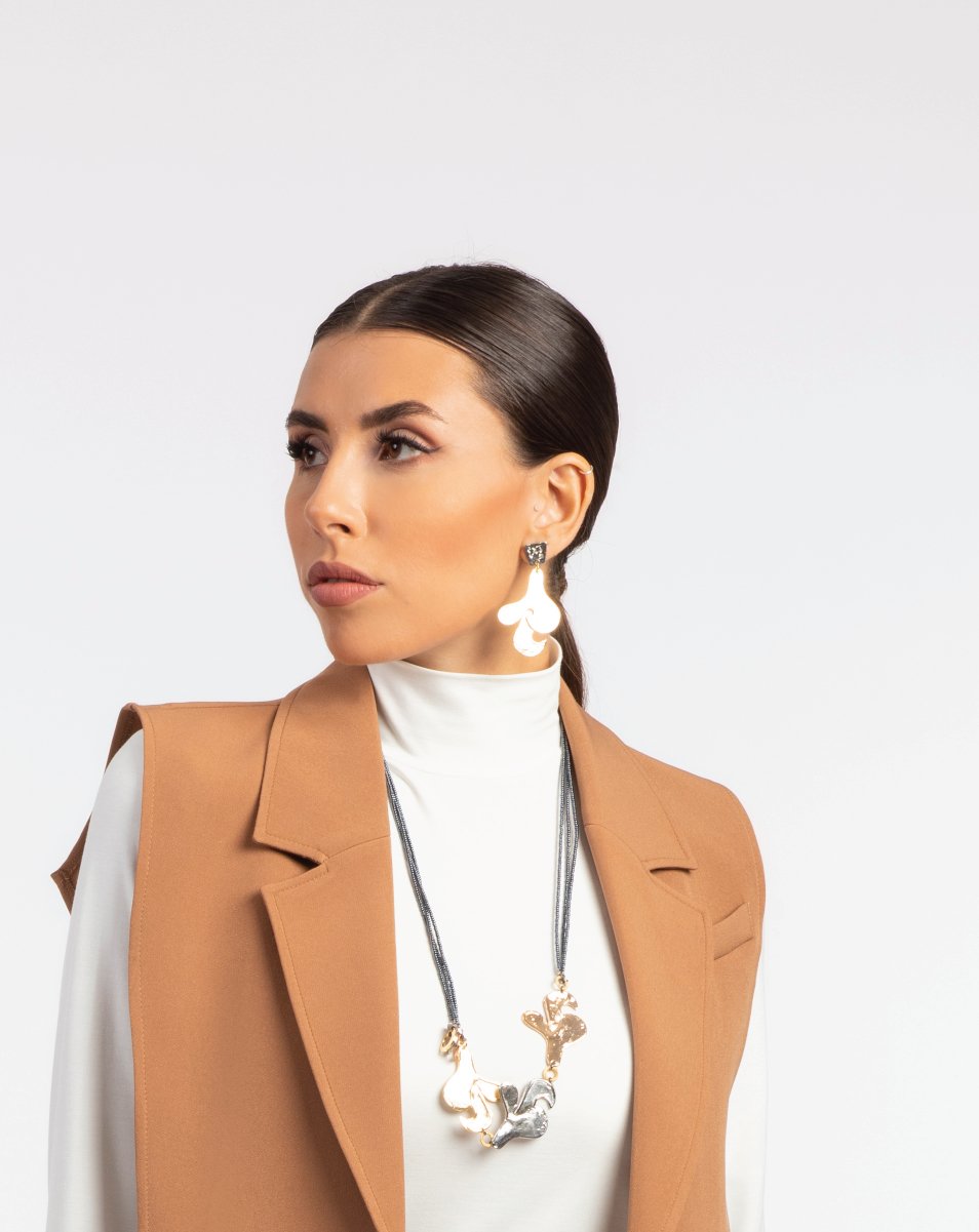 Rhodium Coated Copper Necklace with Three Ornaments - ELLY