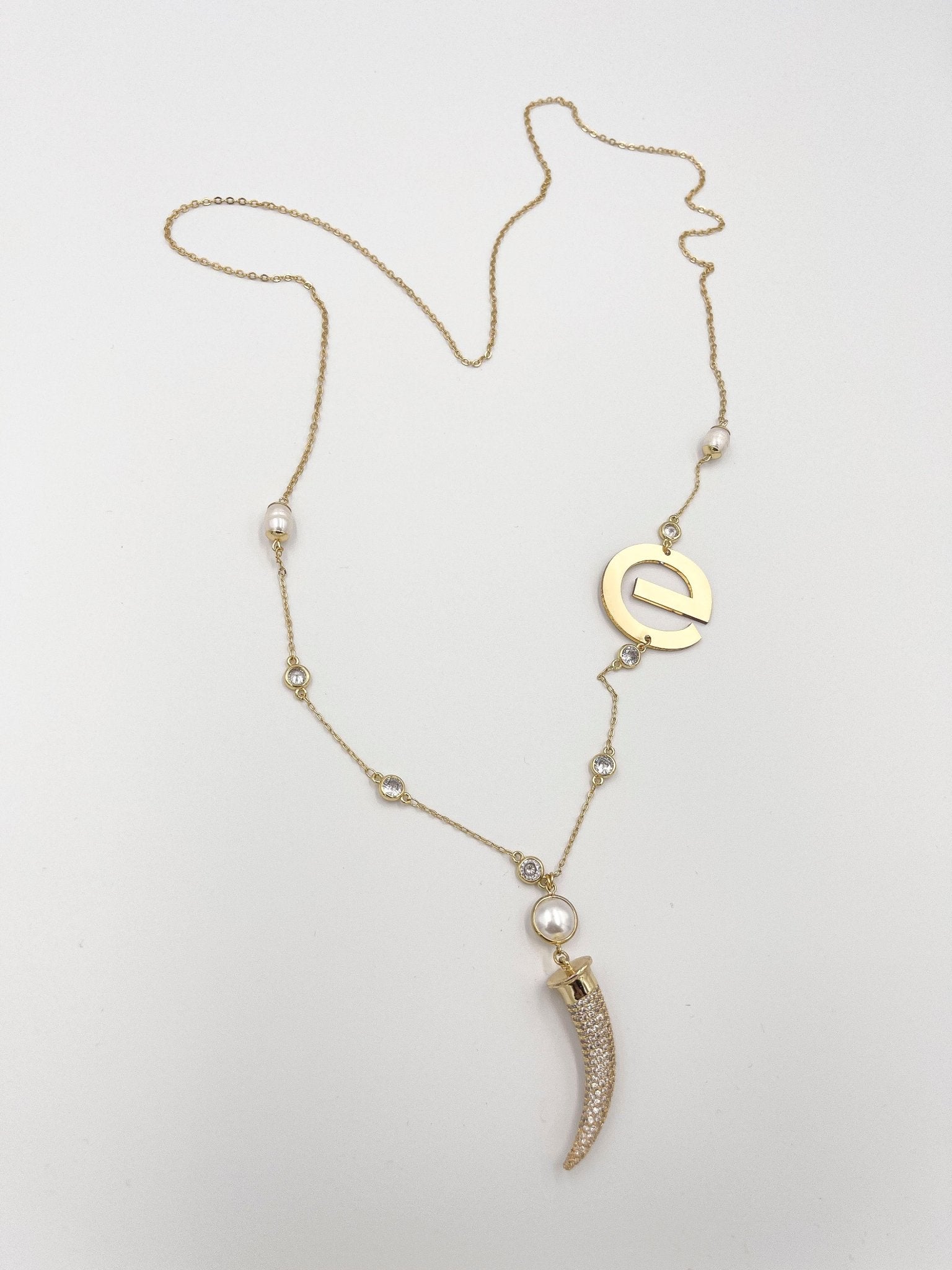 Zircon Half Moon Necklace with Pearl Ornaments - ELLY